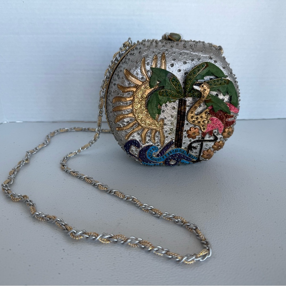 Vintage Mary Frances Beaded Shoulder bag Flamingo Palm tree Sun design Hard Bag